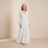 Pure Ivory Long-Sleeved Maxi Gown - Elegant Wrap-Front Bridal & Formal Dress