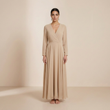 Timeless Champagne Long-Sleeved Maxi Gown - Elegant Wrap-Front Formal Dress