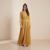 Radiant Golden Mustard Maxi Gown - Elegant Long-Sleeved Wrap Formal Dress