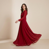 Deep Burgundy Long-Sleeved Maxi Gown - Sophisticated Wrap-Front Formal Dress