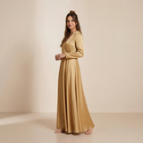 Radiant Golden Mustard Maxi Gown - Elegant Long-Sleeved Wrap Formal Dress