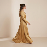 Radiant Golden Mustard Maxi Gown - Elegant Long-Sleeved Wrap Formal Dress