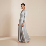 Shimmering Silver Satin Maxi Gown - Elegant Long-Sleeved Wrap Evening Dress