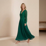 Majestic Emerald Long-Sleeved Gown - Regal Wrap-Front Chiffon Formal Dress