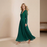 Majestic Emerald Long-Sleeved Gown - Regal Wrap-Front Chiffon Formal Dress