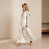 Luminous Ivory Satin Maxi Gown - Elegant Long-Sleeved V-Neck Evening Dress