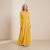 Golden Ochre Long-Sleeved Maxi Gown - Sophisticated Wrap-Front Formal Dress