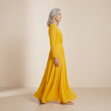Golden Ochre Long-Sleeved Maxi Gown - Sophisticated Wrap-Front Formal Dress