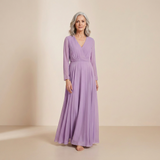 Ethereal Lavender Wrap-Front Maxi Gown - Sophisticated Long-Sleeved Chiffon Dress