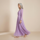 Ethereal Lavender Wrap-Front Maxi Gown - Sophisticated Long-Sleeved Chiffon Dress