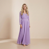 Lavender Mist Long-Sleeved Maxi Gown - Elegant Wrap-Front Chiffon Formal Dress