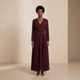 Midnight Burgundy Long-Sleeved Maxi Gown - Elegant Wrap-Front Evening Dress